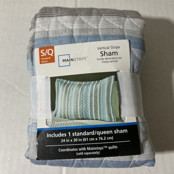 Mainstays Pillow Sham Case Cover 1 Piece Standard Queen Blue Gray White NEW - Picture 1 of 4